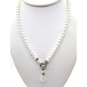 Elegant Vintage Faux Pearl Choker, White Strand Necklace with Rivoli Crystal